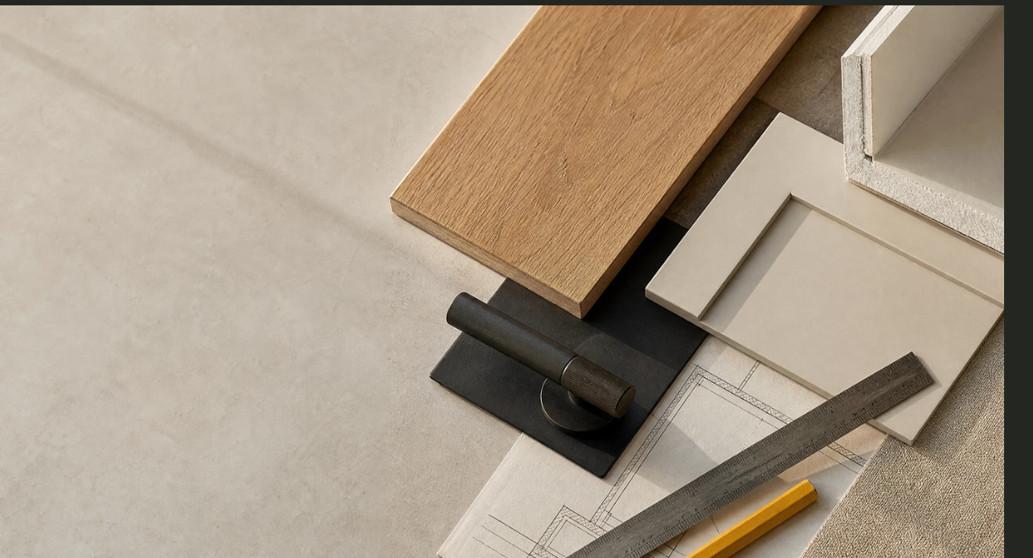 Material samples, drawings, and measuring tools arranged on a work surface